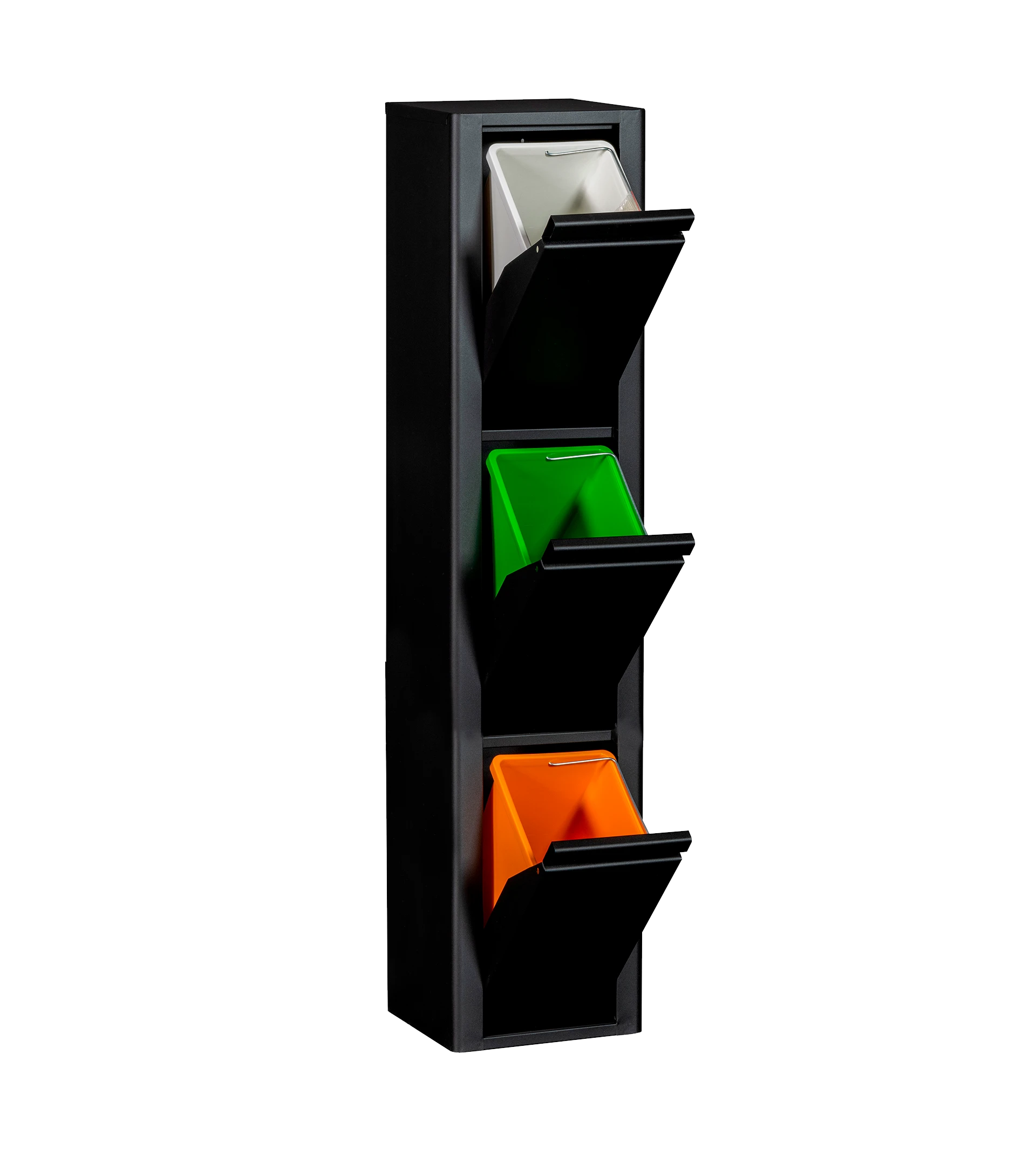Mueble metálico para reciclar con 3 compartimentos. Esquinas redondeadas.