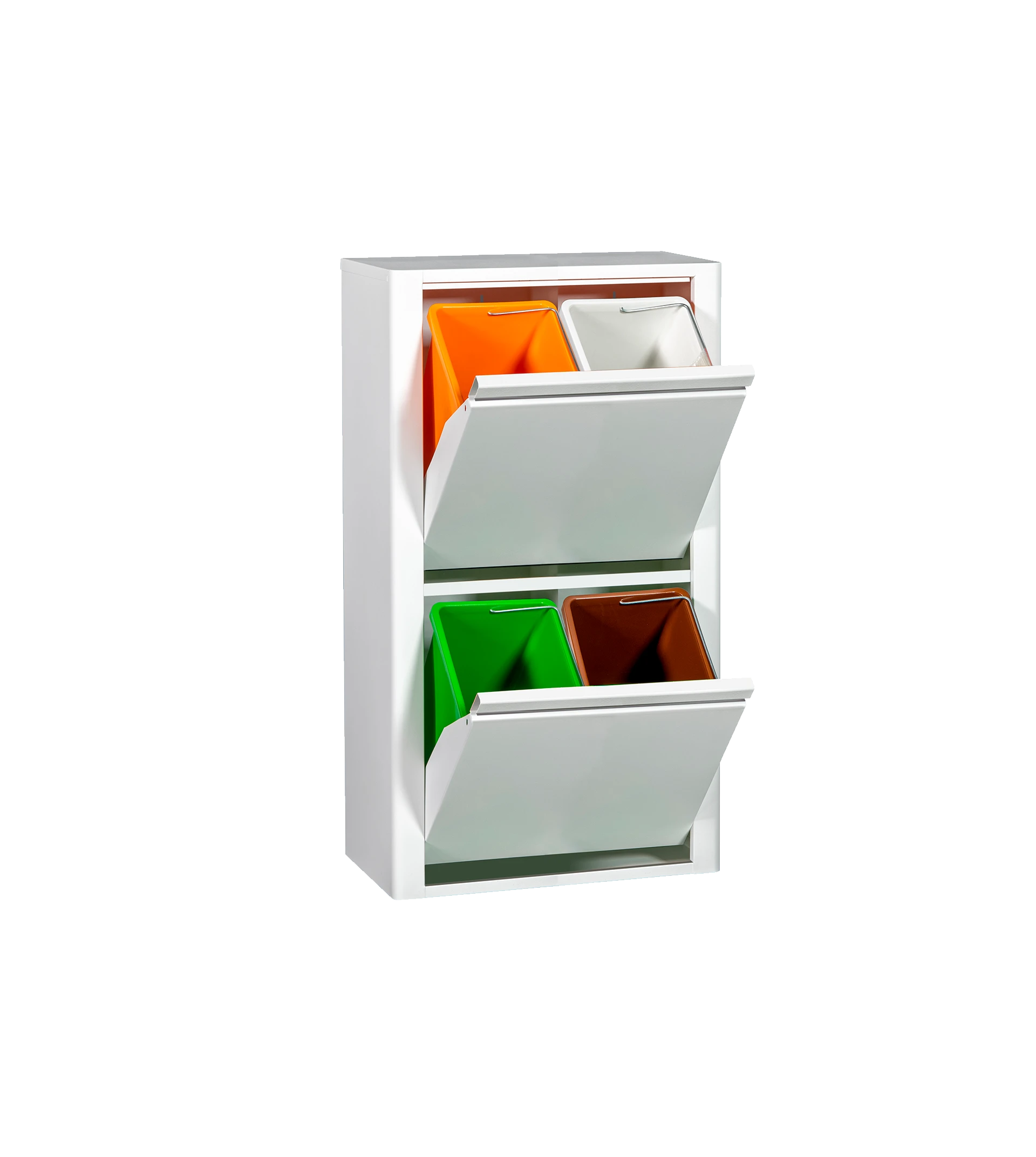 Mueble metálico para reciclar con 4 compartimentos. Esquinas redondeadas.