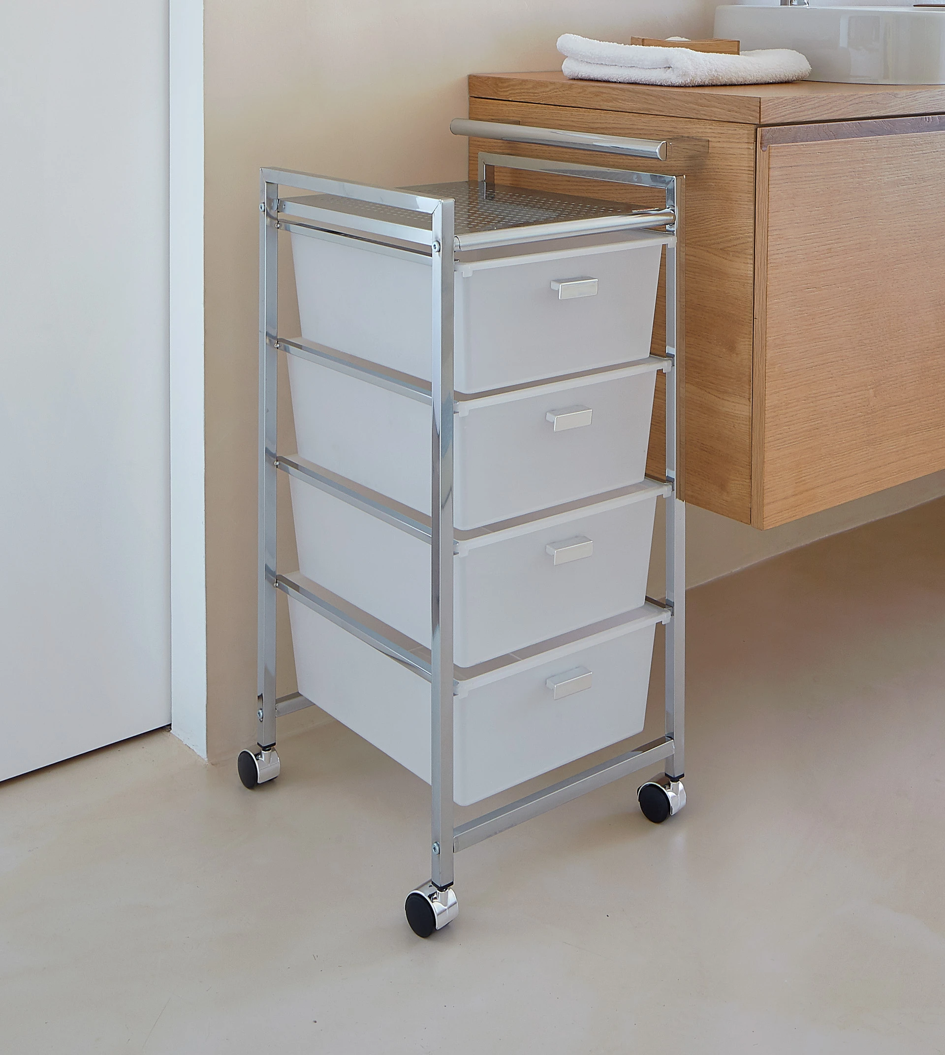 Carrito de baño con ruedas y 3 cajones en plástico