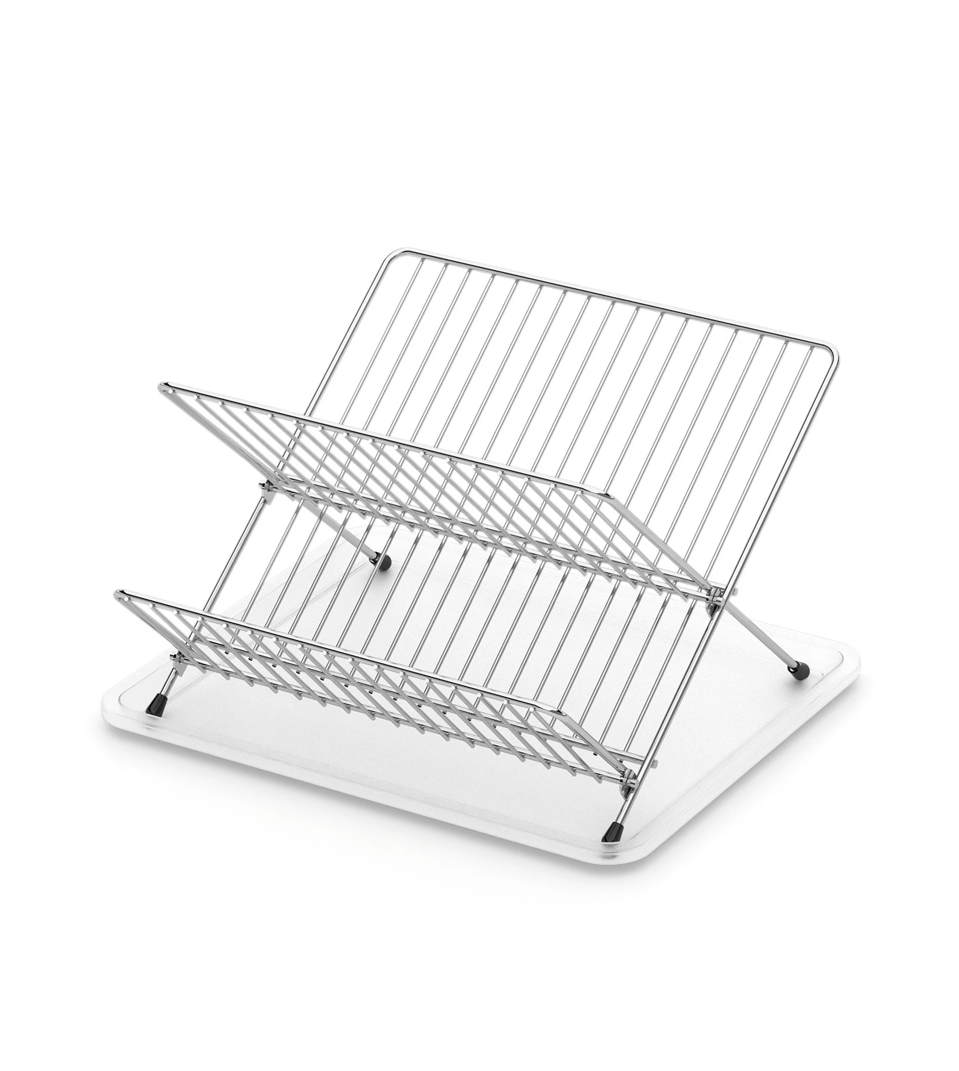 Foldable dish rack finished in chrome nickel.