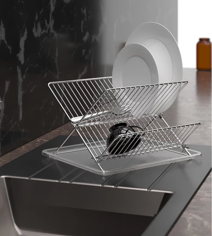 Foldable dish rack finished in chrome nickel.