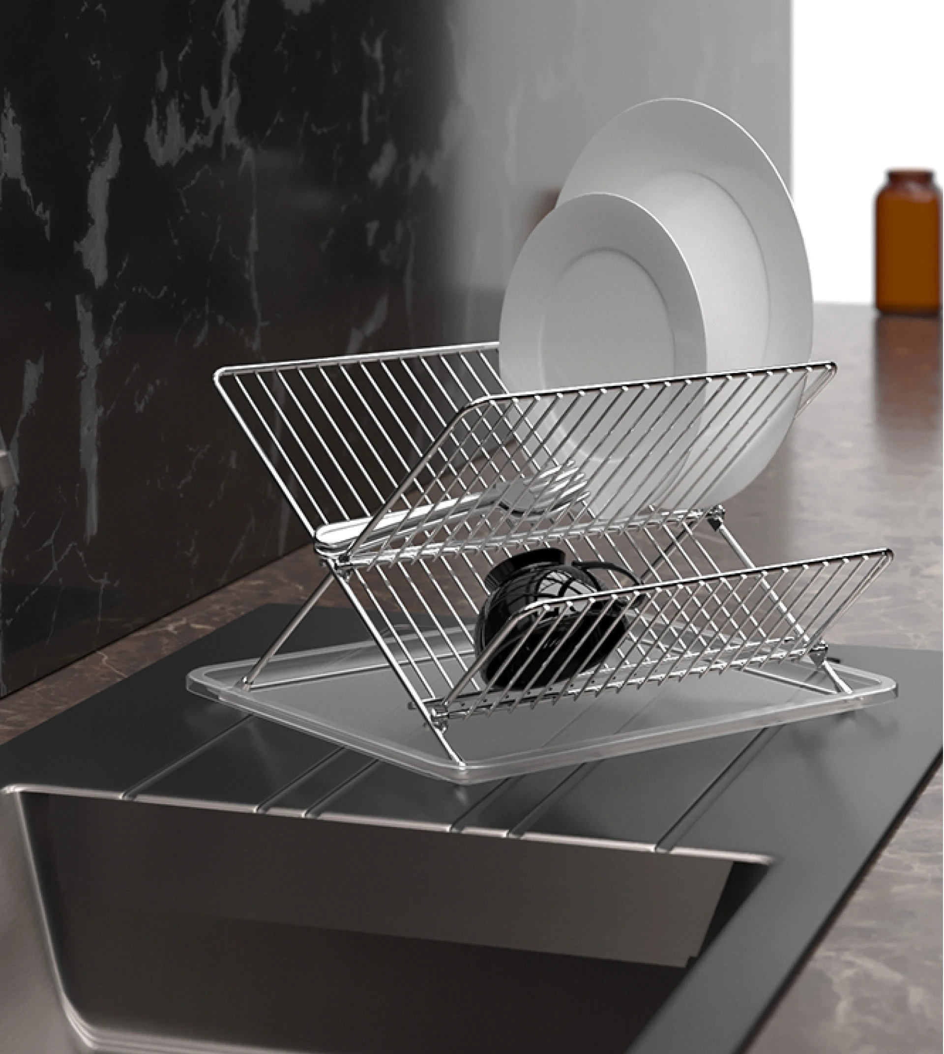 Foldable dish rack finished in chrome nickel.
