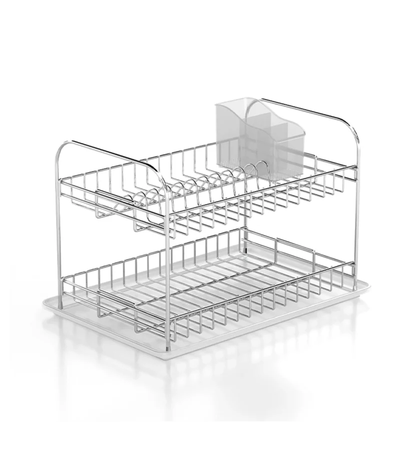 Double dish drainer finished in chrome nickel.