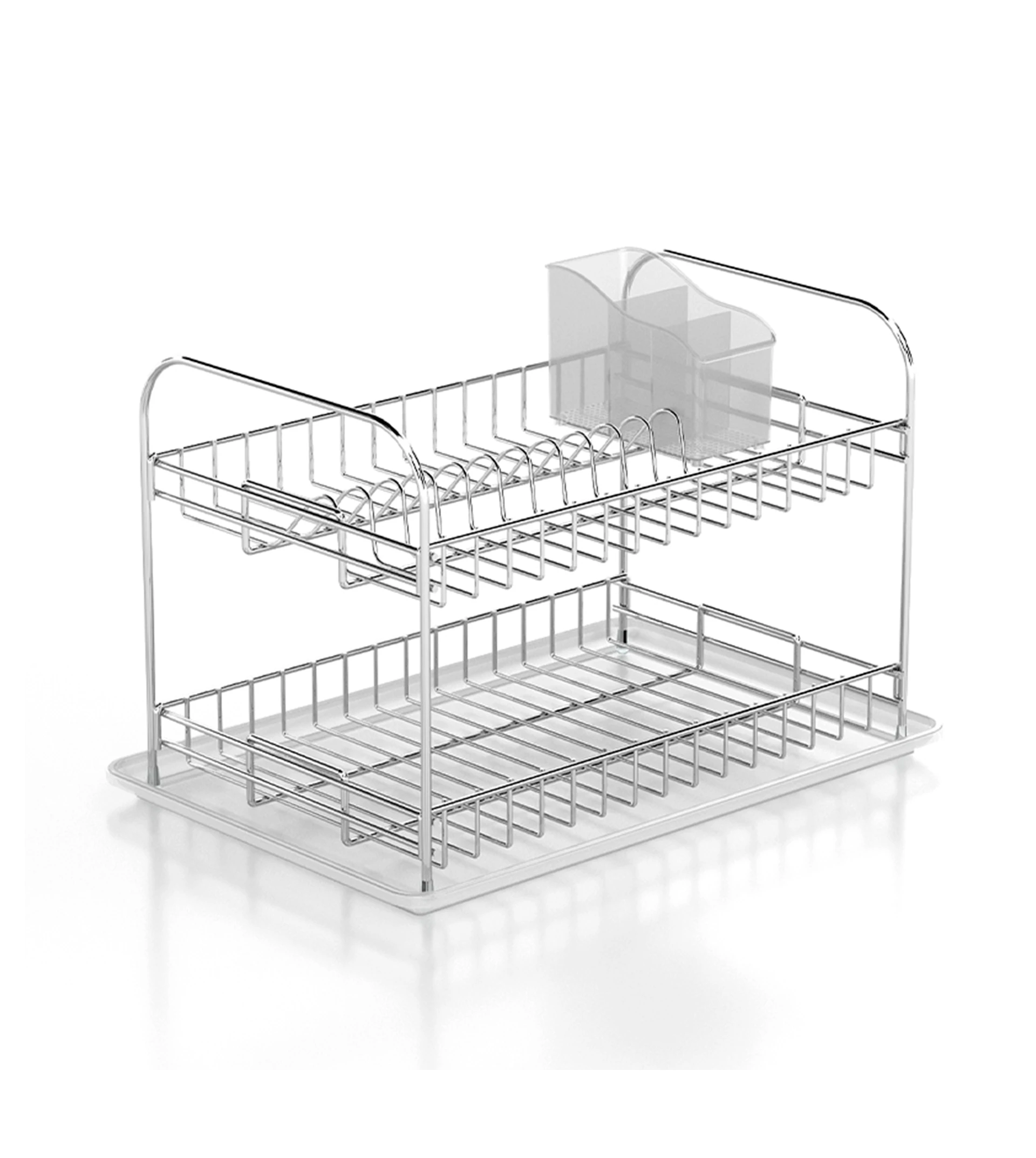 Double dish drainer finished in chrome nickel.