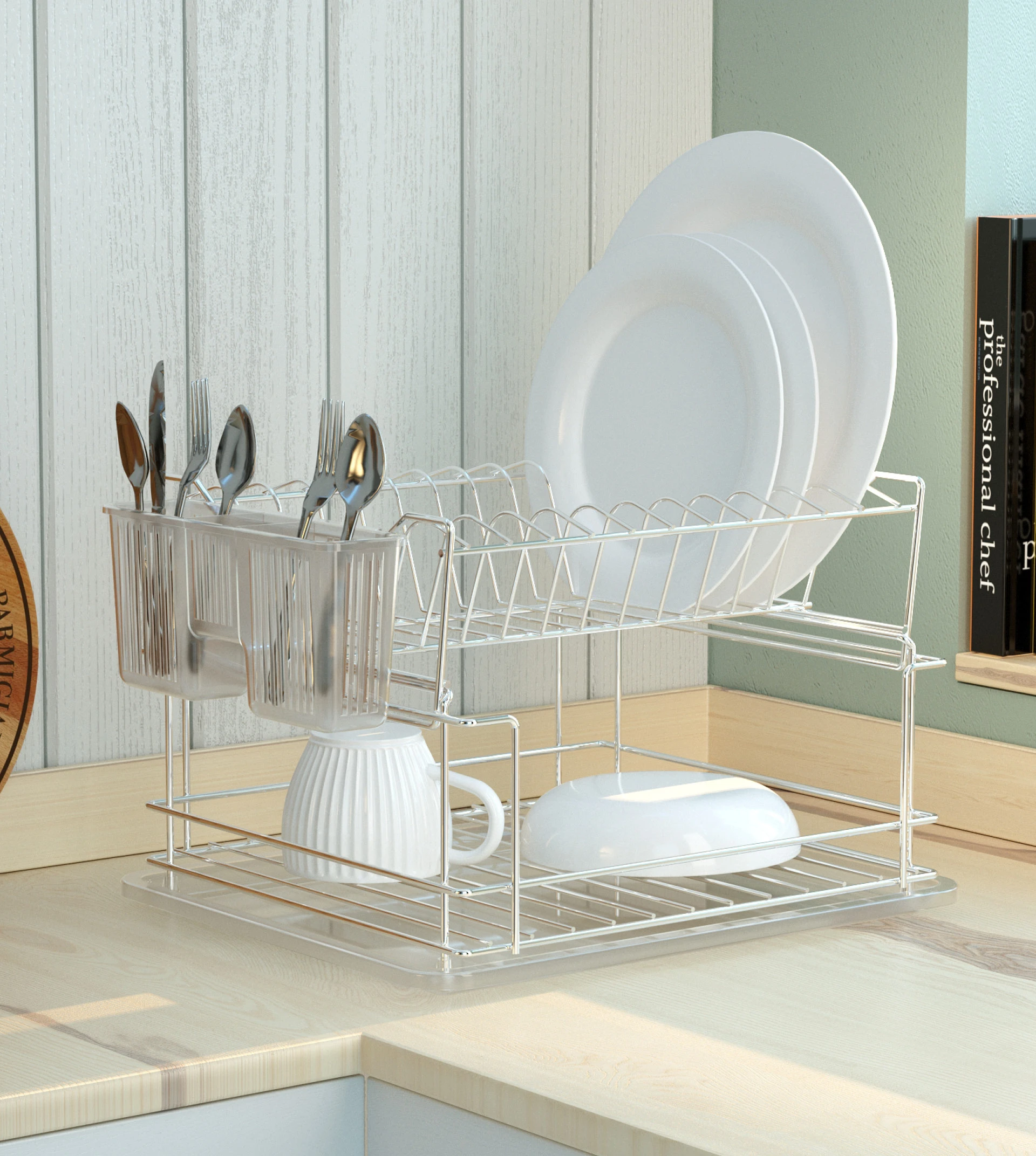 Double dish drainer finished in stainless steel